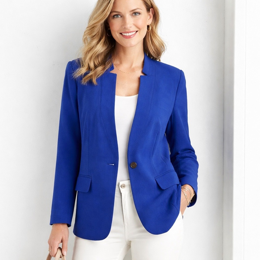 Talbots Blue Textured Blazer 14 Modern Career‎ Classic Polka Dot Lined Preppy